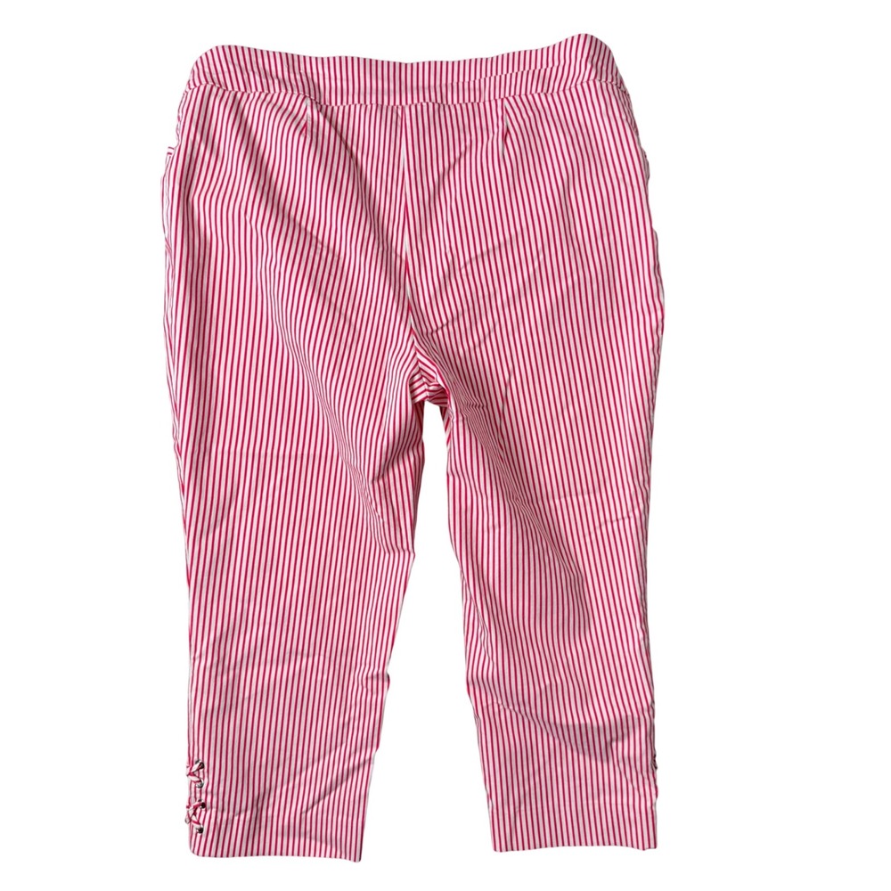 Chicos Perfect Stretch Pink Striped Capri Crop Pants XL Pull On Lace Up Nautical - Picture 2 of 12
